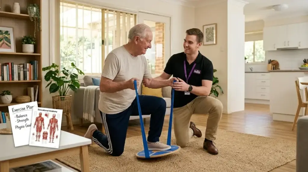 Allied Health Assistant helping an older NDIS participant practise therapy goals at home