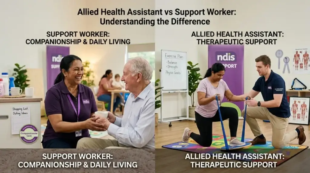 Allied Health Assistant vs Support Worker comparison showing daily living support and therapeutic NDIS support