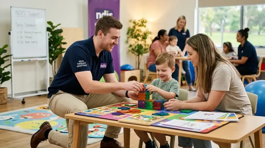 NDIS therapy assistant supporting a child during a family therapy session